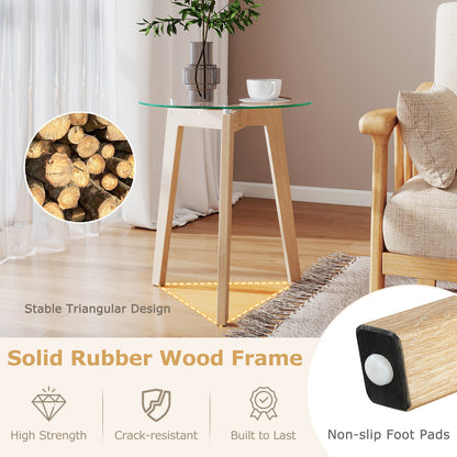 Tempered Glass End Table Round with Solid Rubber Wood Structure-Set of 2