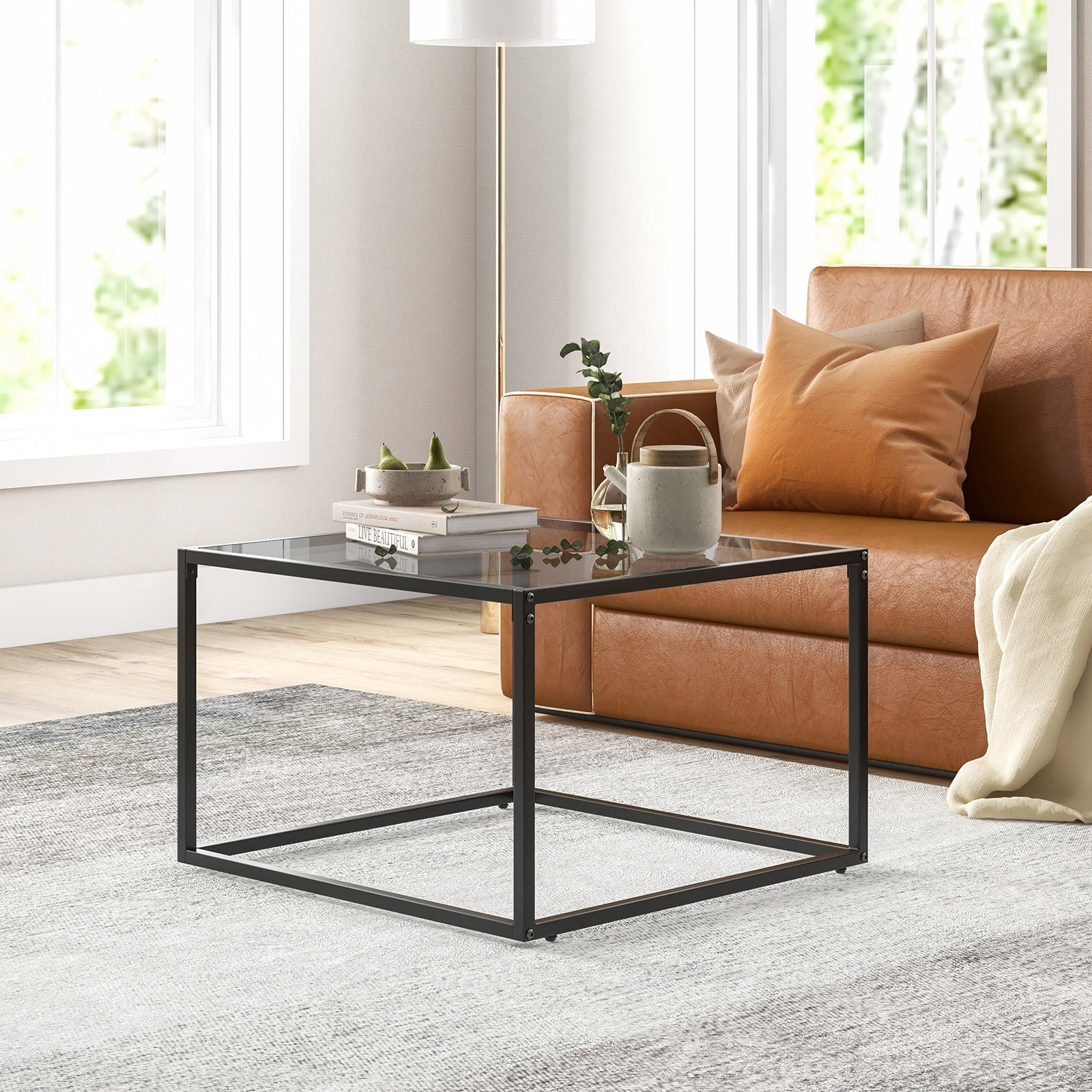 27.5 Inch Home Square Tea Table with Heavy-duty Metal Frame-Gray