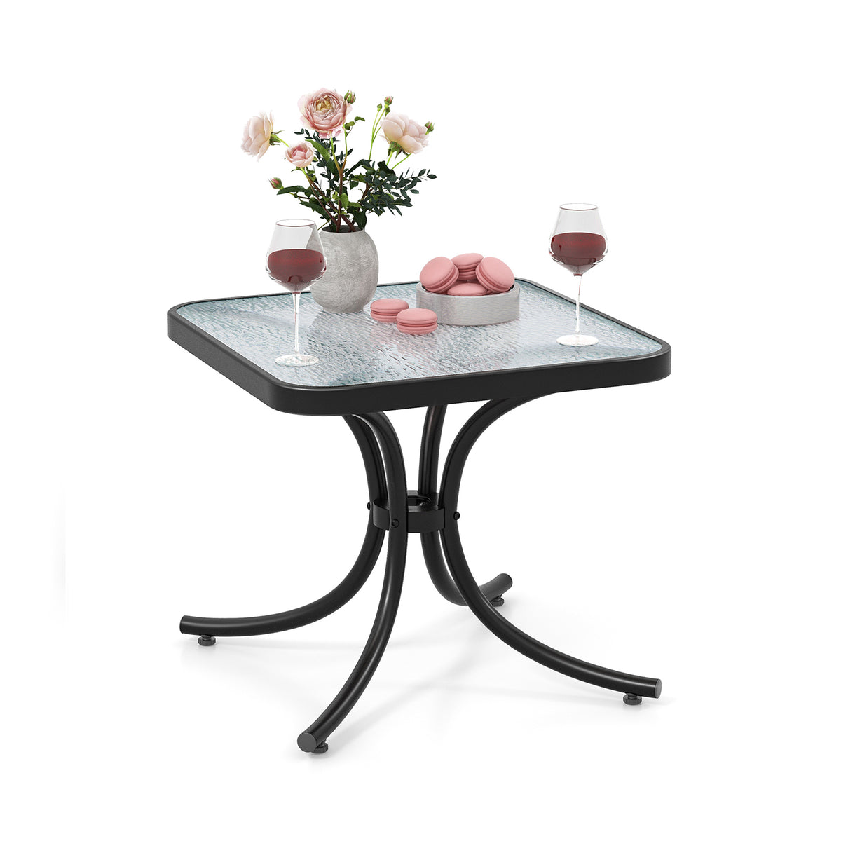 Tempered Glass Top Patio Table with Heavy-duty Metal Frame for Garden Poolside-Black