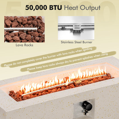 42 Inch 50 000 BTU Rectangle Terrazzo Fire Pit Table with PVC Cover-White
