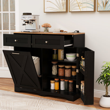 Large Buffet Cabinet Hidden Tilt Out Trash Can Cabinet with 2 Glass Doors