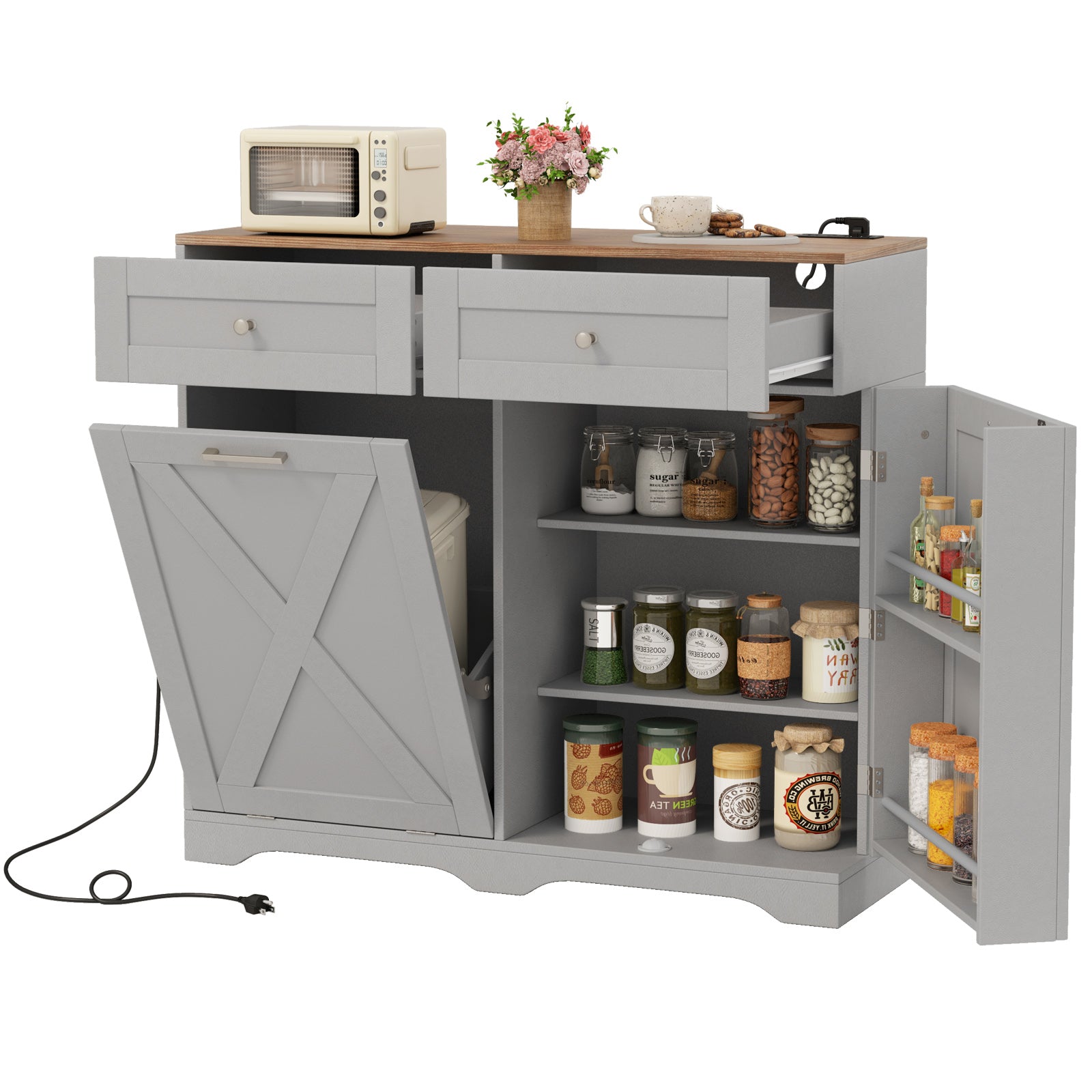 Tilt Out Trash Can Cabinet with Outlets and Adjustable Shelf-Gray - Gray