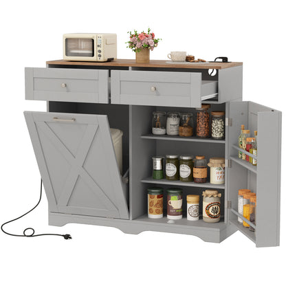 Tilt Out Trash Can Cabinet with Outlets and Adjustable Shelf-Gray - Gray