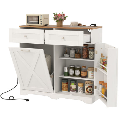 Tilt Out Trash Can Cabinet with Outlets and Adjustable Shelf-Gray - White
