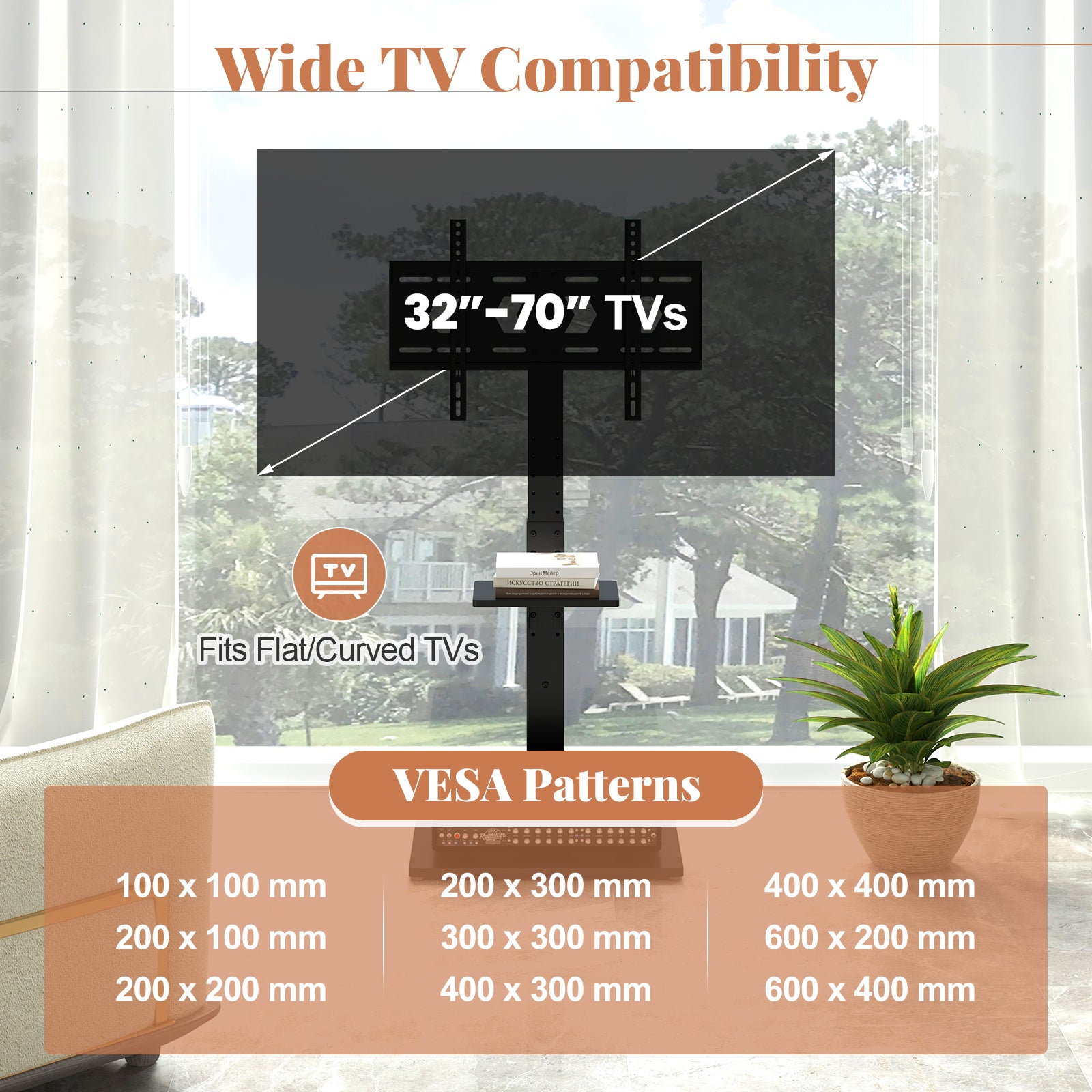 Tilt and Height Adjustable Floor TV Stand with Power Outlet and Adjustable AV Shelf