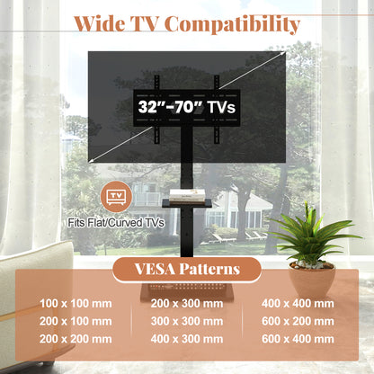 Tilt and Height Adjustable Floor TV Stand with Power Outlet and Adjustable AV Shelf