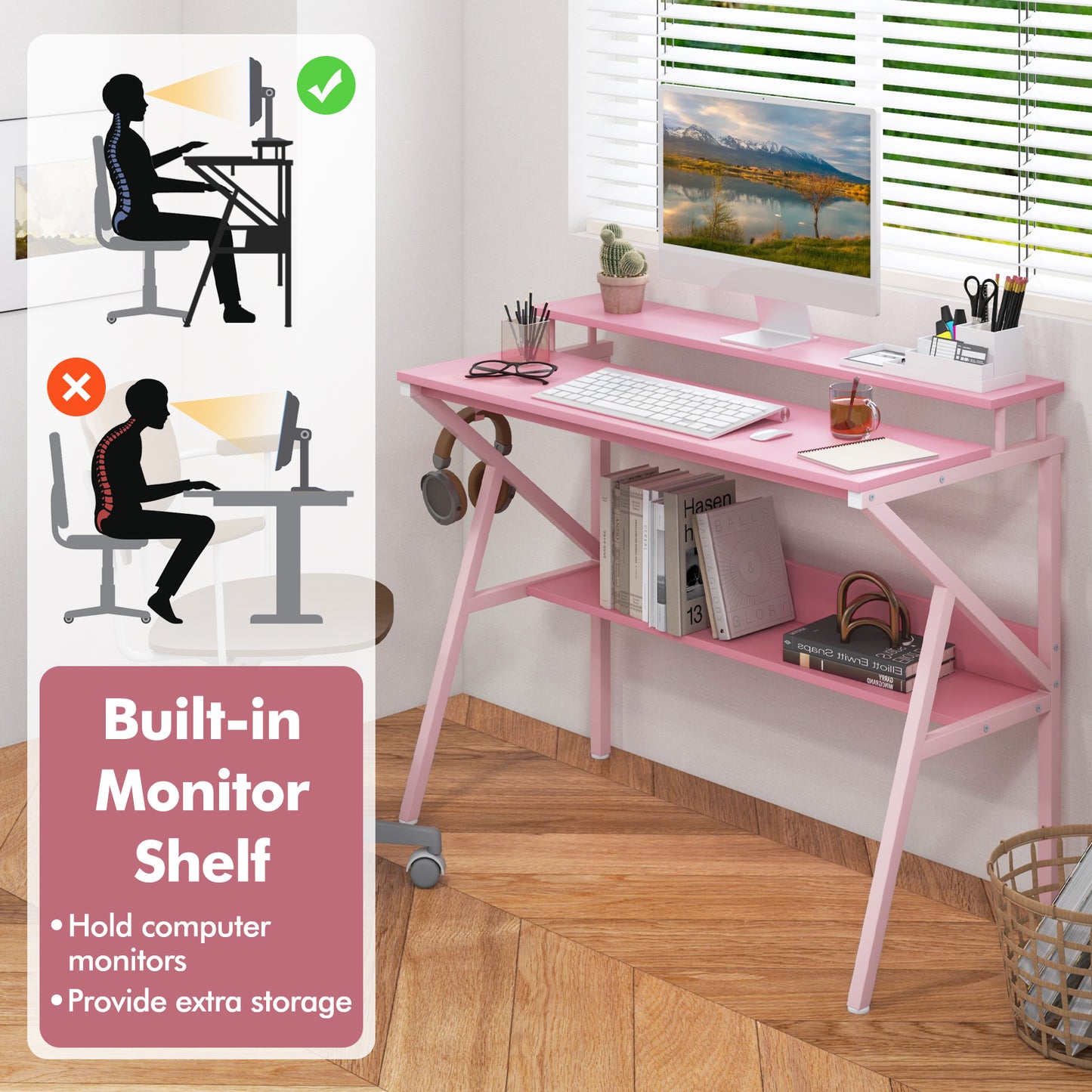 Space Saving Computer Desk with Monitor Stand and Extra Storage Shelf for Work Study-Pink