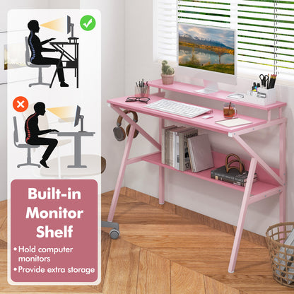 Space Saving Computer Desk with Monitor Stand and Extra Storage Shelf for Work Study-Pink