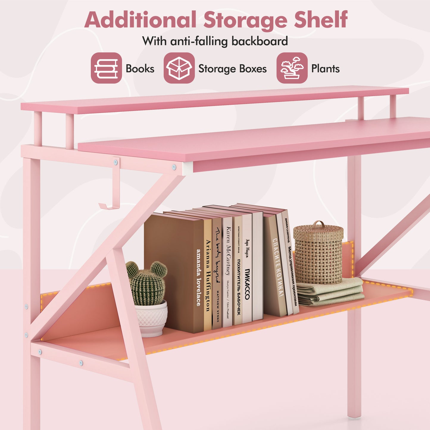 Space Saving Computer Desk with Monitor Stand and Extra Storage Shelf for Work Study-Pink