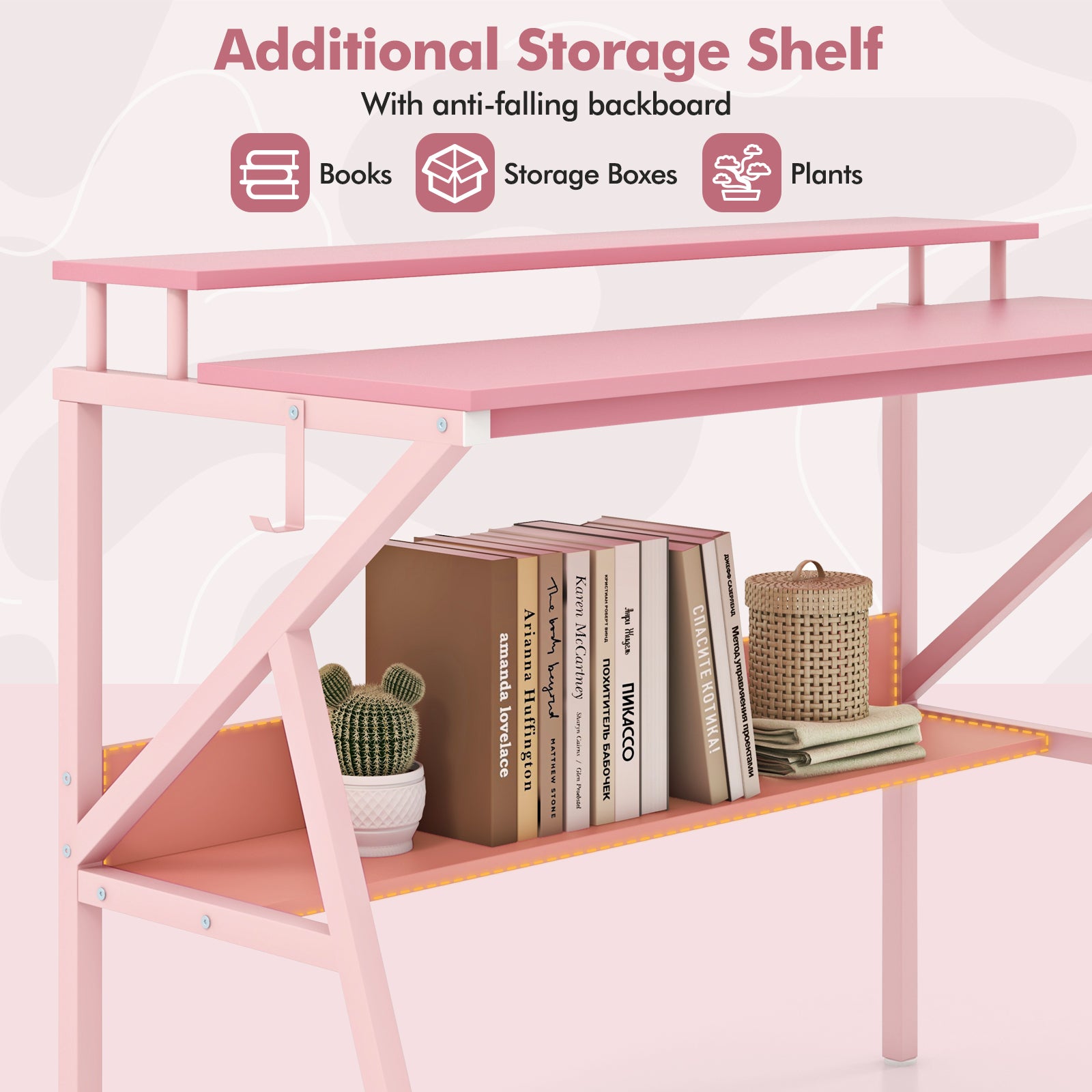 Space Saving Computer Desk with Monitor Stand and Extra Storage Shelf for Work Study-Pink