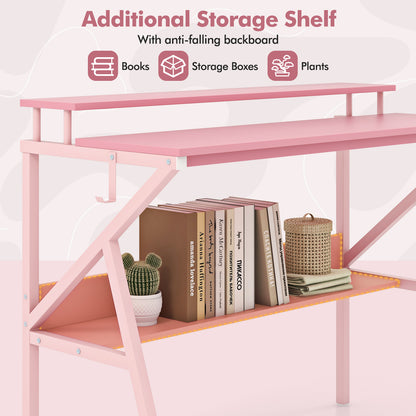 Space Saving Computer Desk with Monitor Stand and Extra Storage Shelf for Work Study-Pink