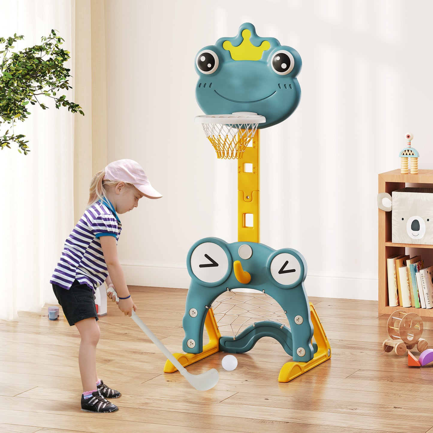 4-in-1 Toddler Basketball Hoop with Rim and Soccer Goal for 3+ Kids