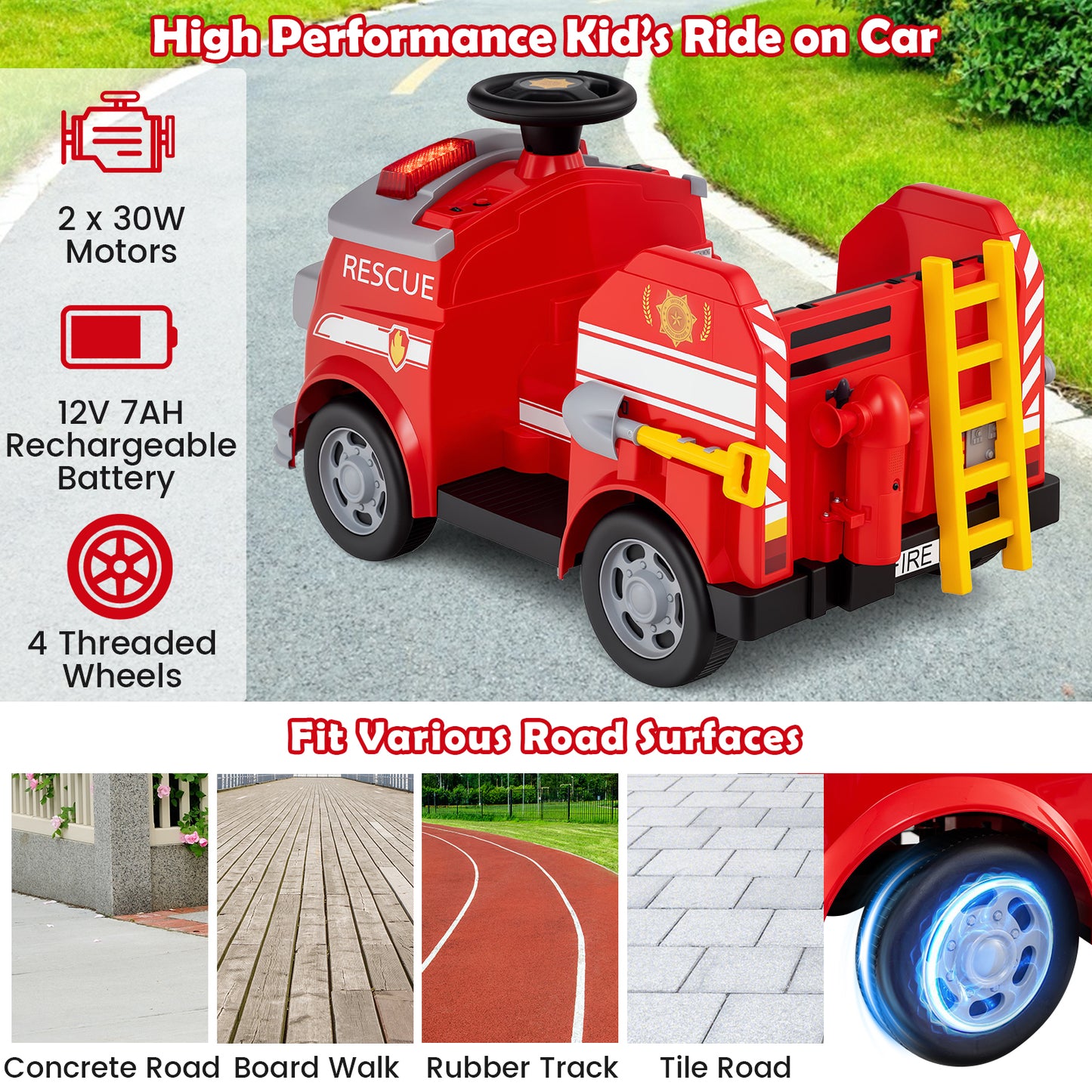 12V Toddler Fire Toy Car with Shovel and Wrench for Ages 37-95 Months-Red