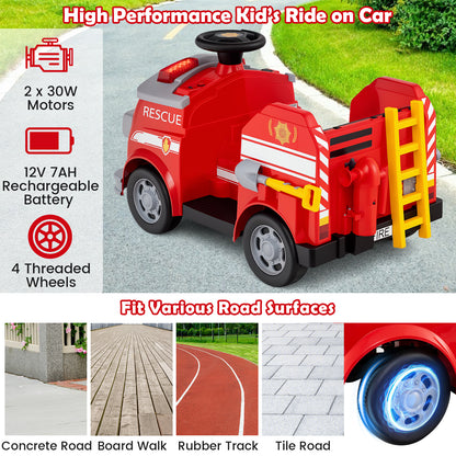 12V Toddler Fire Toy Car with Shovel and Wrench for Ages 37-95 Months-Red