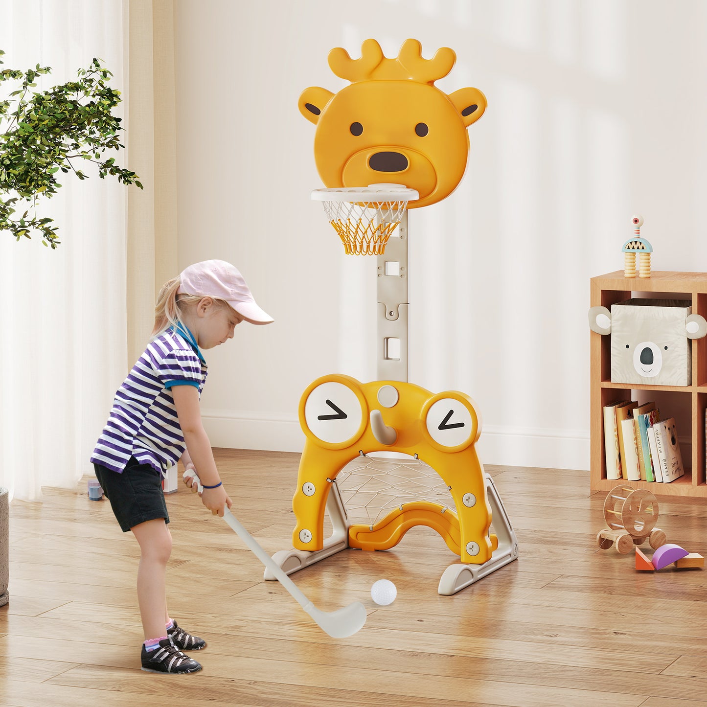 4-in-1 Toddler Height Adjustable Basketball Hoop with Ring Toss for 3+ Kids