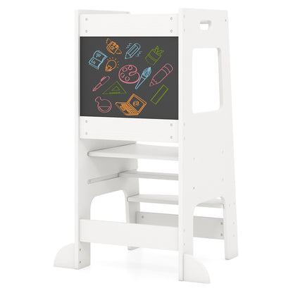 Toddler Kitchen Step Stool with Activity Chalkboard and Adjustable Height-Natural - White