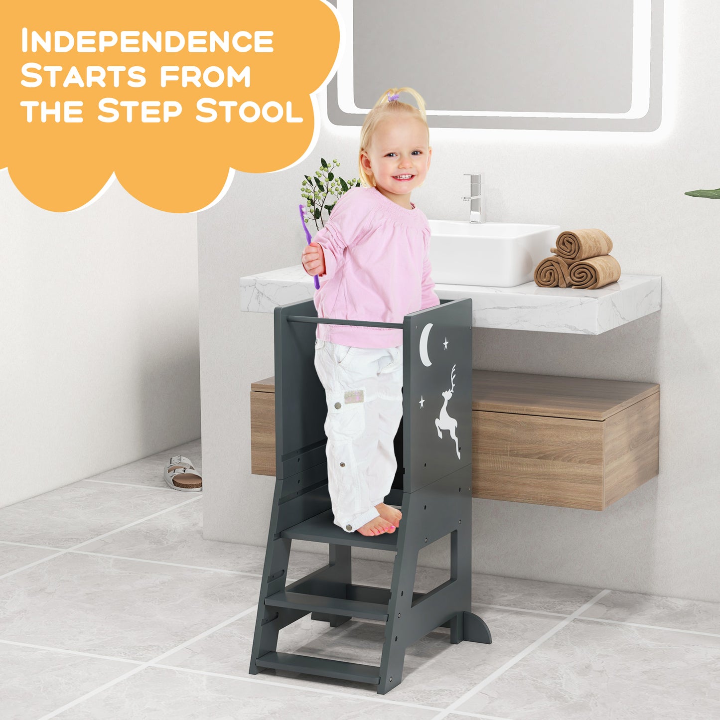 Toddler Kitchen Stool Baby Standing Tower with Chalkboard and Whiteboard