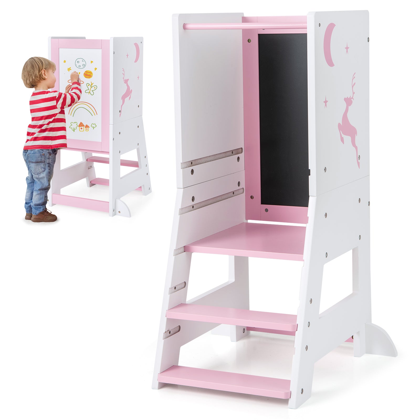 Toddler Kitchen Stool Baby Standing Tower with Chalkboard and Whiteboard-Gray - Pink
