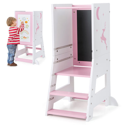 Toddler Kitchen Stool Baby Standing Tower with Chalkboard and Whiteboard-Gray - Pink