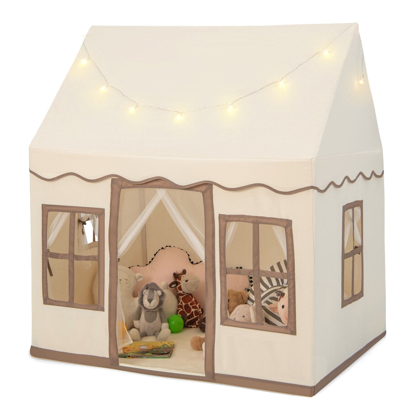 Toddler Large Playhouse with Star String Lights-Beige - Brown