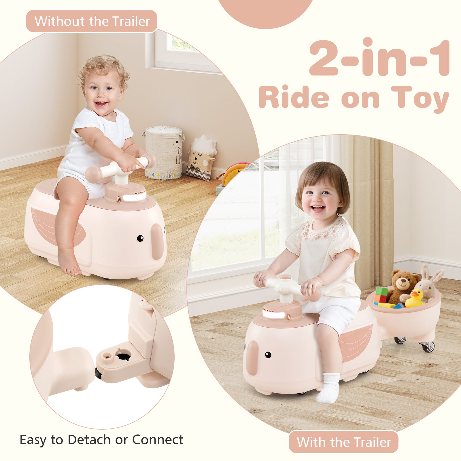 Toddler Ride on Toy with Trailer and Light Music-Beige