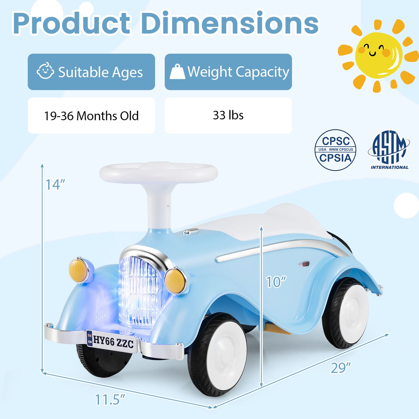 Toddler Ride on Toy Classic Sliding Car with Horn and LED Headlight-Blue