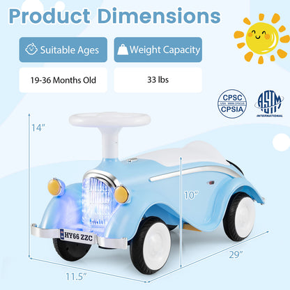 Toddler Ride on Toy Classic Sliding Car with Horn and LED Headlight-Blue