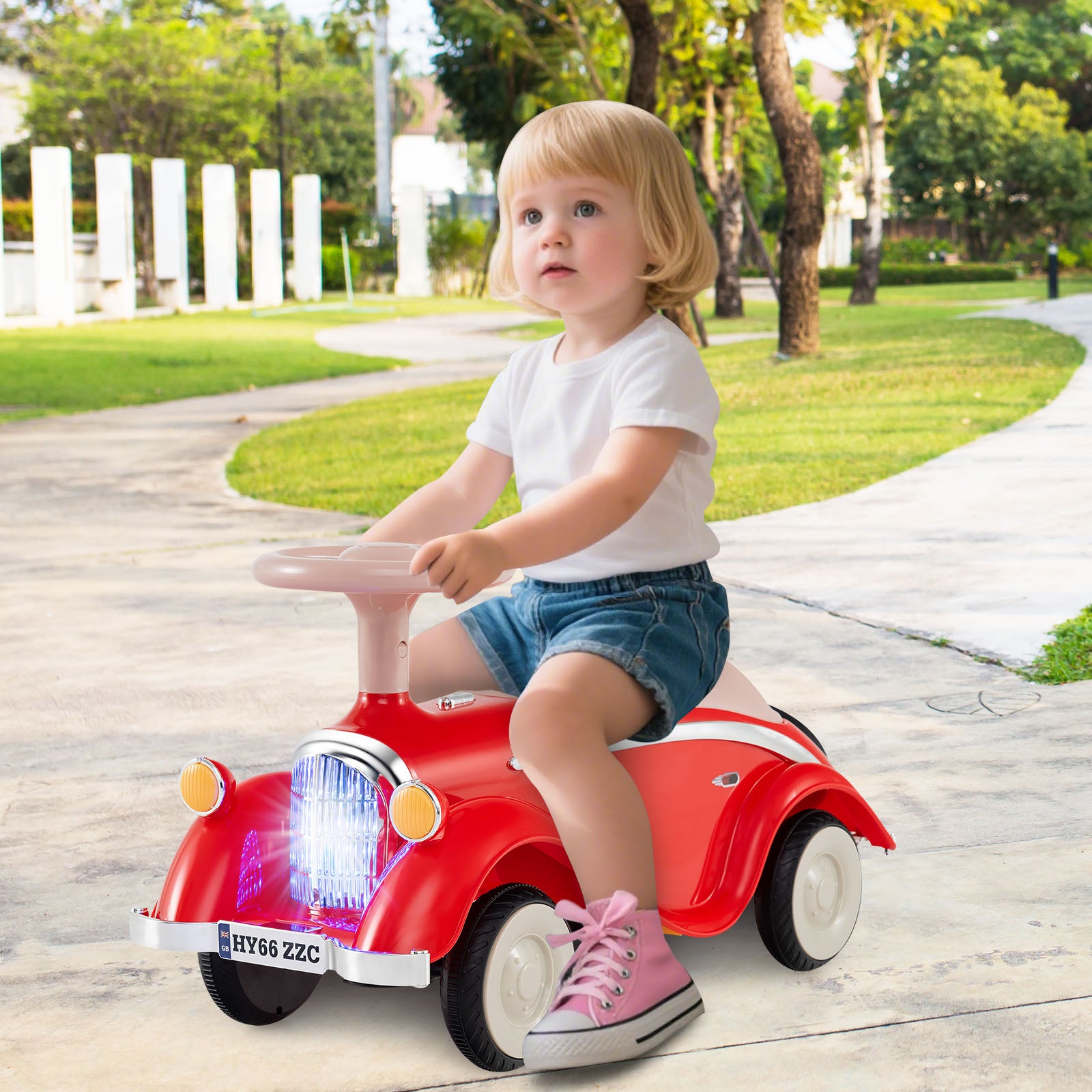 Toddler Ride on Toy Classic Sliding Car with Horn and LED Headlight-Red