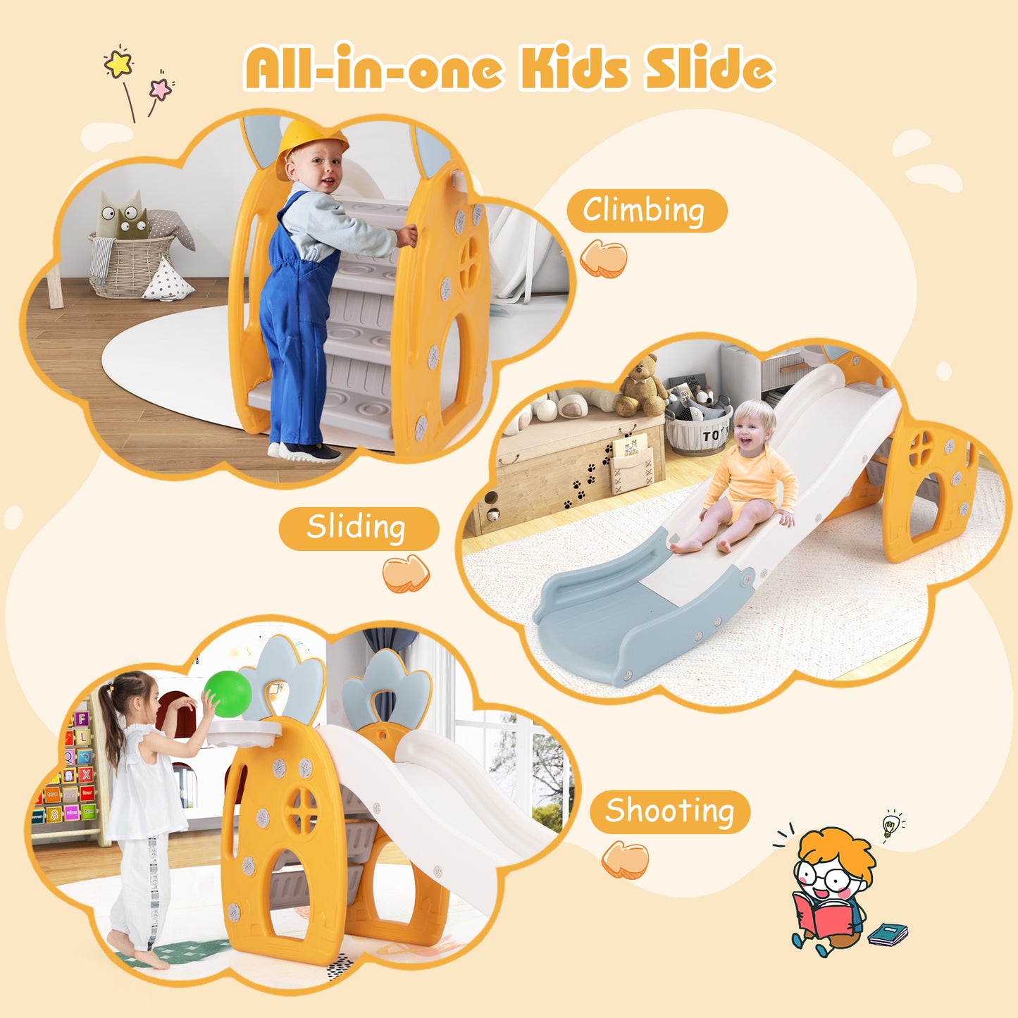 Foldable Slide with Basketball Hoop and Buffer Zone for Kids Aged 3+ Years Old