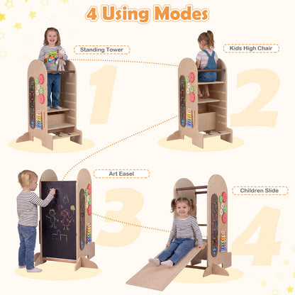 Toddler Standing Tower Kids Step Stool with Adjustable Height Chalkboard and Slide