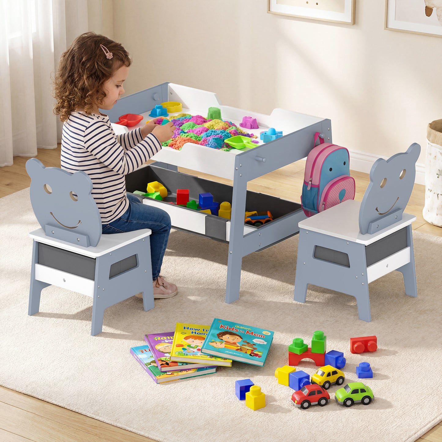 Toddler Table and 2 Chairs 5-in-1 Cute Art Desk Set with Reversible Chalkboard Whiteboard-Grey