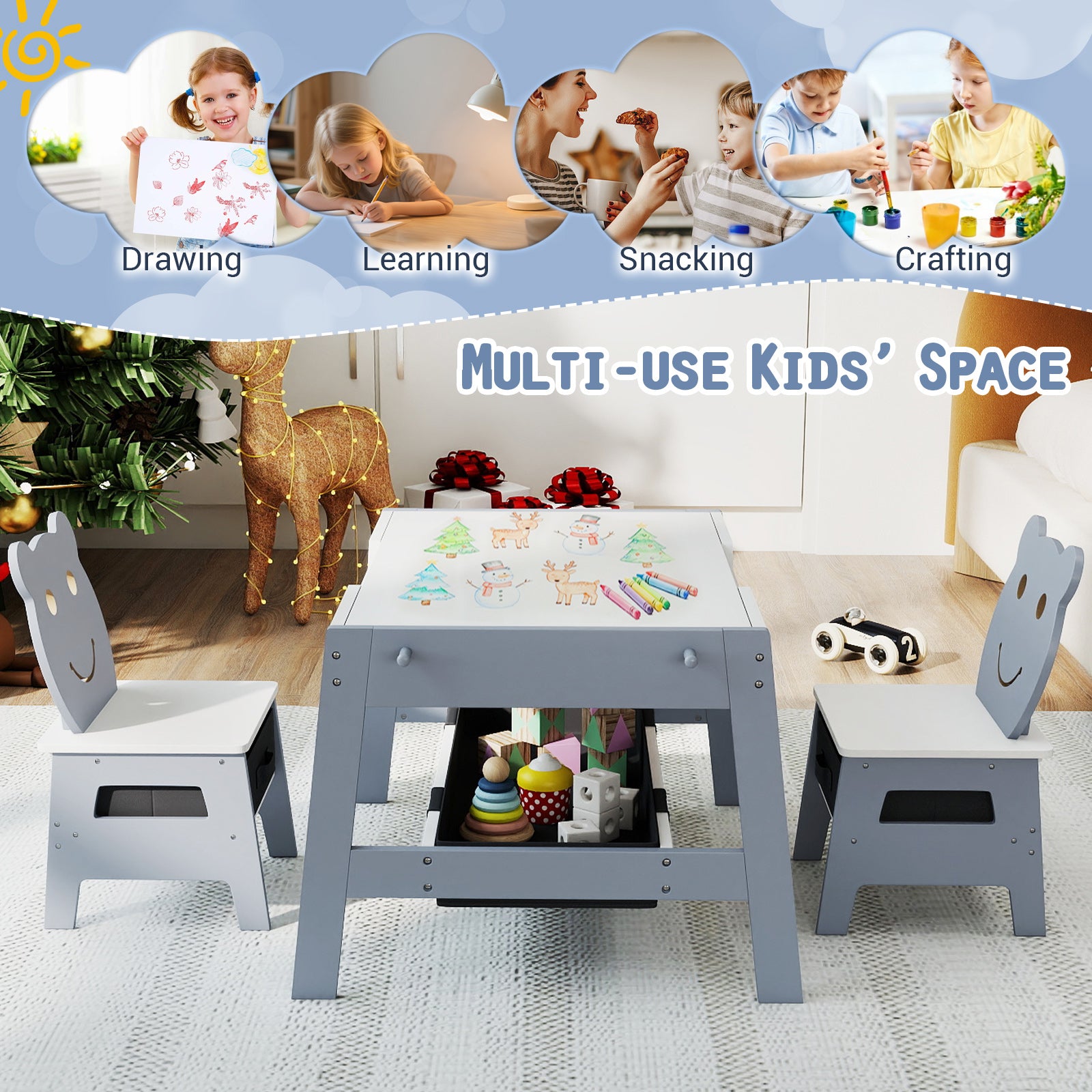 Toddler Table and 2 Chairs 5-in-1 Cute Art Desk Set with Reversible Chalkboard Whiteboard-Grey