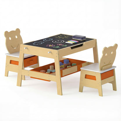 Toddler Table and 2 Chairs 5-in-1 Cute Art Desk Set with Reversible Chalkboard Whiteboard-Natural