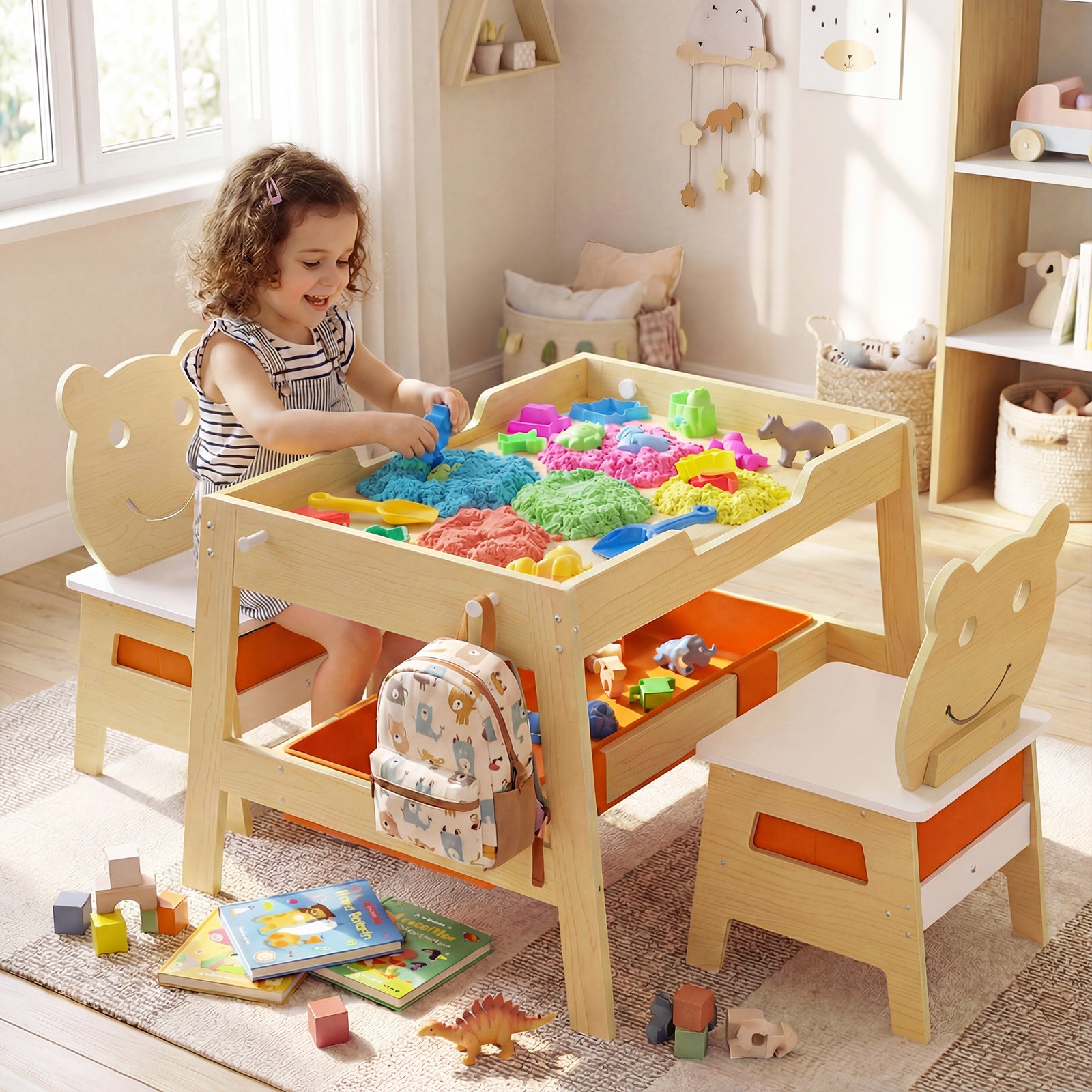 Toddler Table and 2 Chairs 5-in-1 Cute Art Desk Set with Reversible Chalkboard Whiteboard-Natural