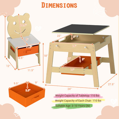 Toddler Table and 2 Chairs 5-in-1 Cute Art Desk Set with Reversible Chalkboard Whiteboard-Natural