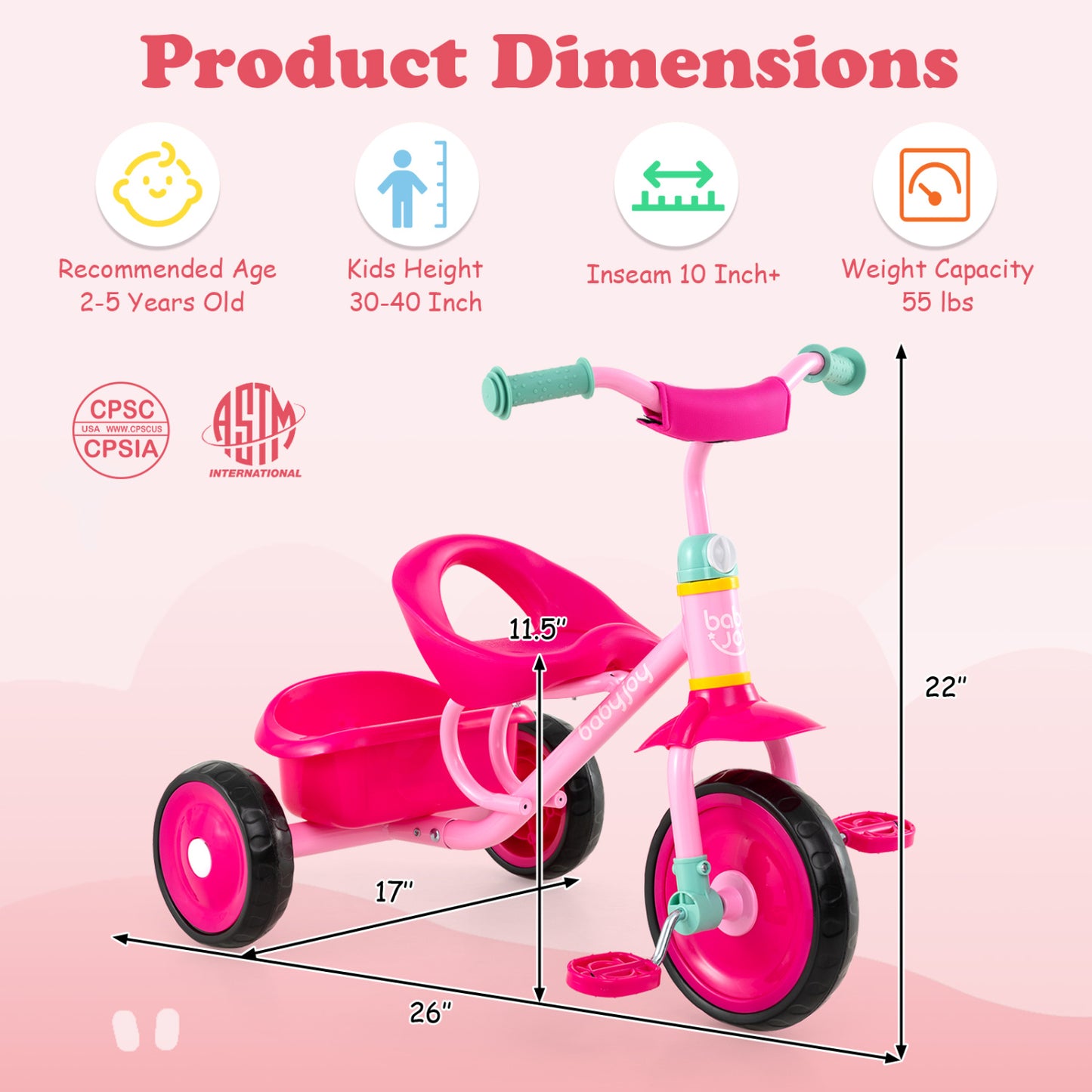 Toddler Tricycle with Storage Basket for Ages 2-5