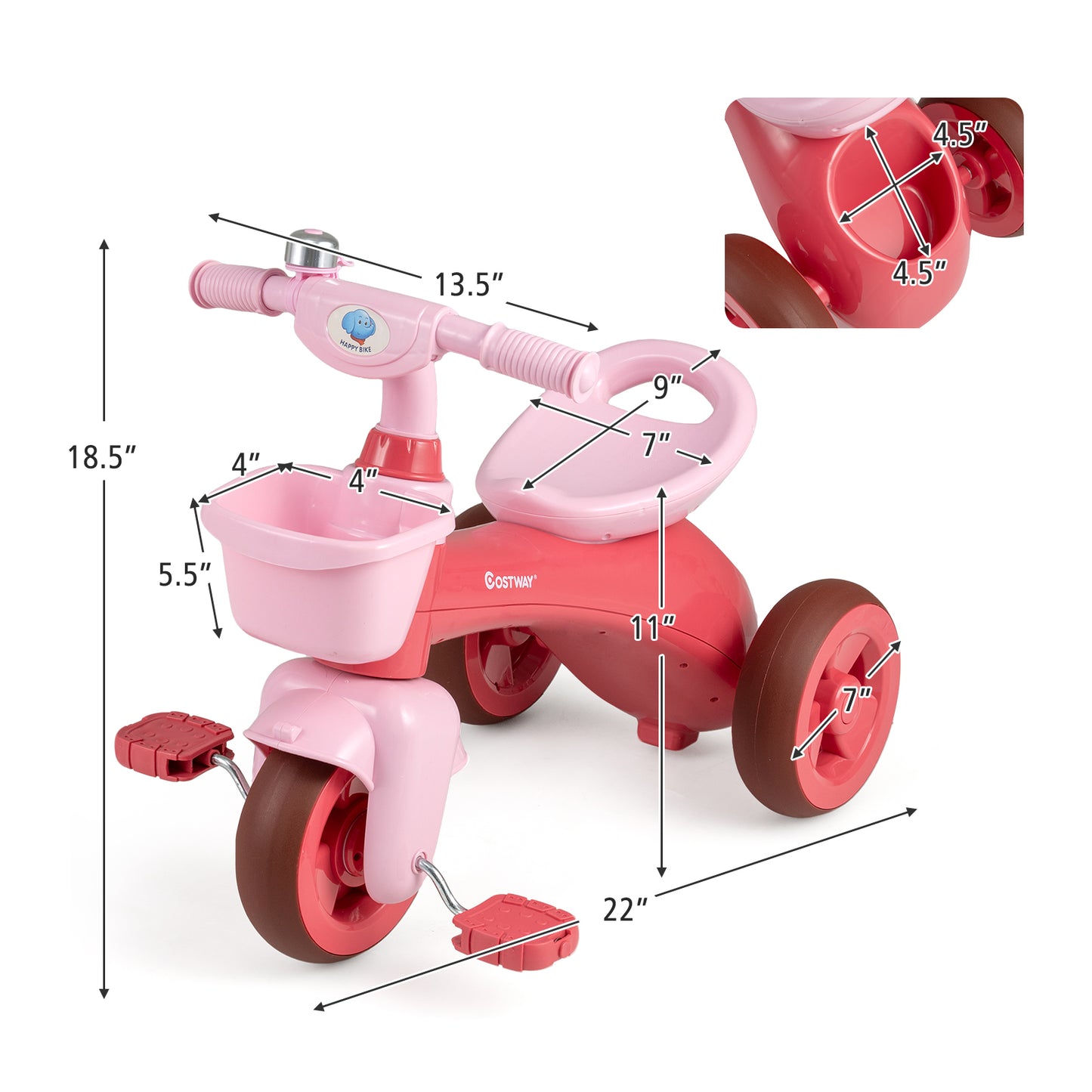 Toddler Tricycle with Limited Steering with Front Baskets and Bell-Pink