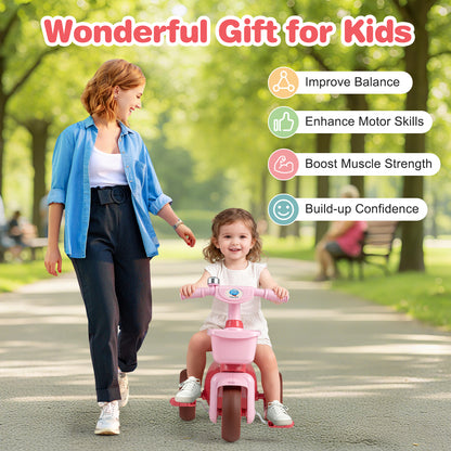 Toddler Tricycle with Limited Steering with Front Baskets and Bell-Pink