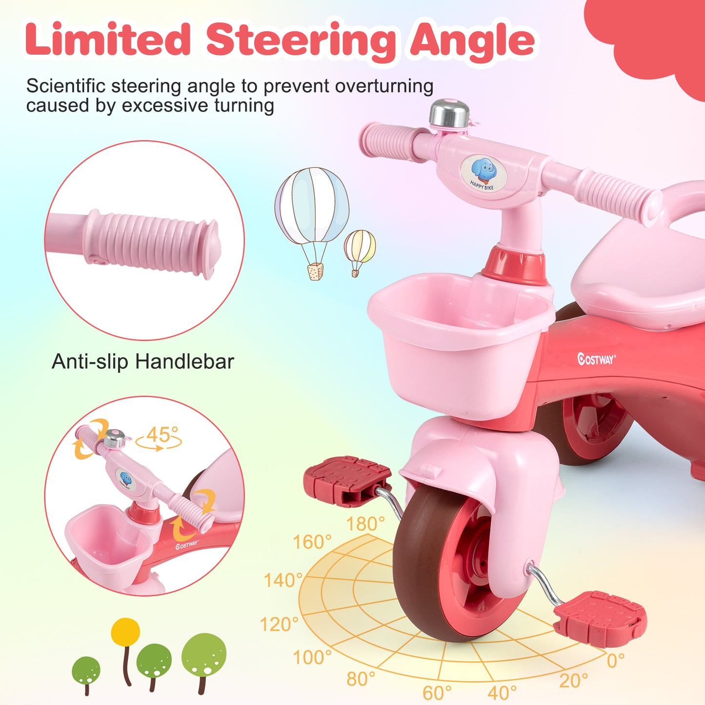 Toddler Tricycle with Limited Steering with Front Baskets and Bell-Pink