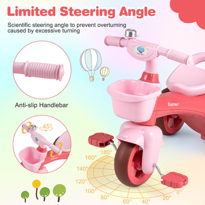 Toddler Tricycle with Limited Steering with Front Baskets and Bell-Pink