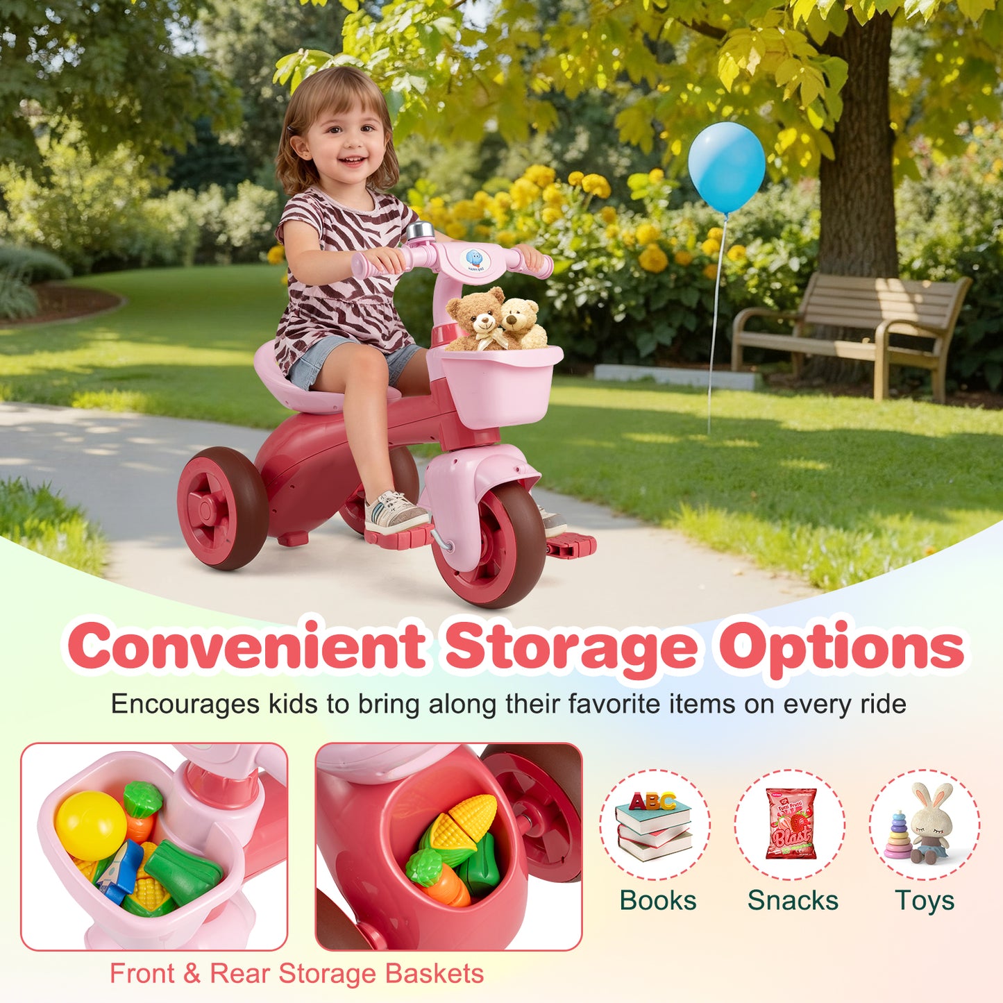 Toddler Tricycle with Limited Steering with Front Baskets and Bell-Pink