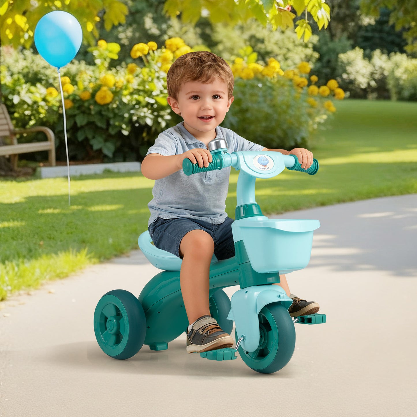 Toddler Tricycle with Limited Steering with Front Baskets and Bell-Green