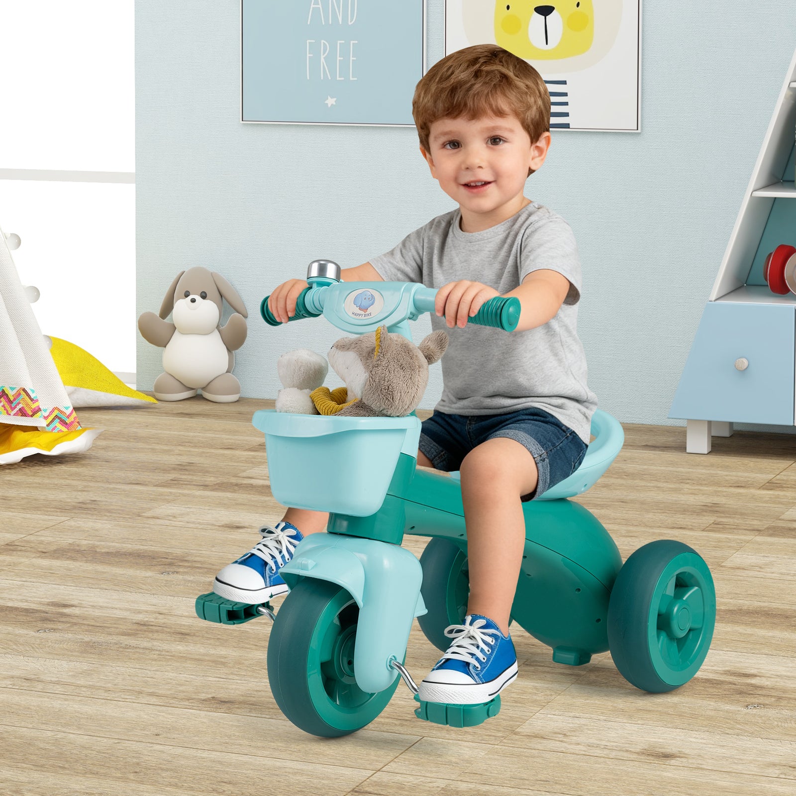 Toddler Tricycle with Limited Steering with Front Baskets and Bell-Green