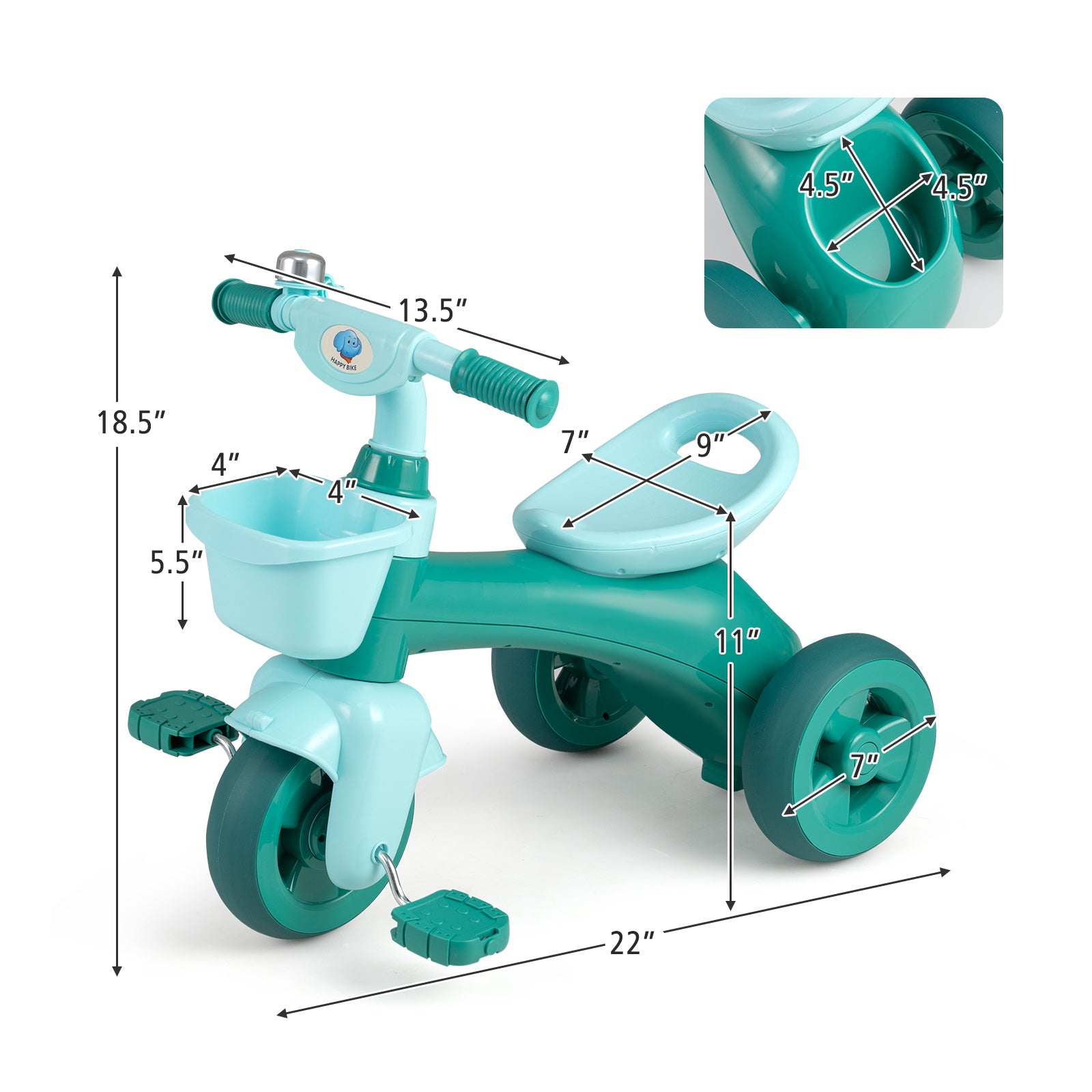 Toddler Tricycle with Limited Steering with Front Baskets and Bell-Green