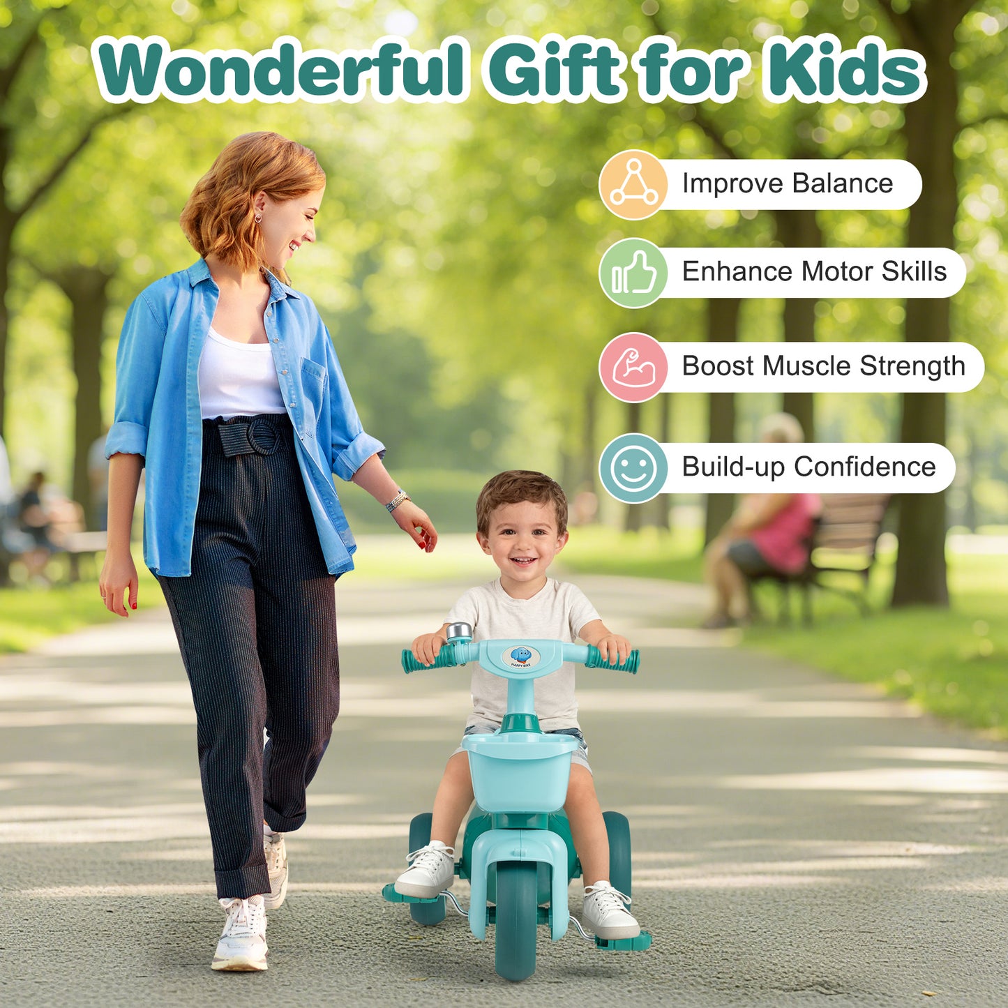 Toddler Tricycle with Limited Steering with Front Baskets and Bell-Green