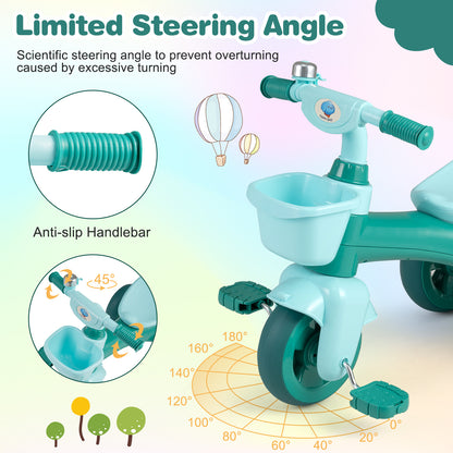 Toddler Tricycle with Limited Steering with Front Baskets and Bell-Green