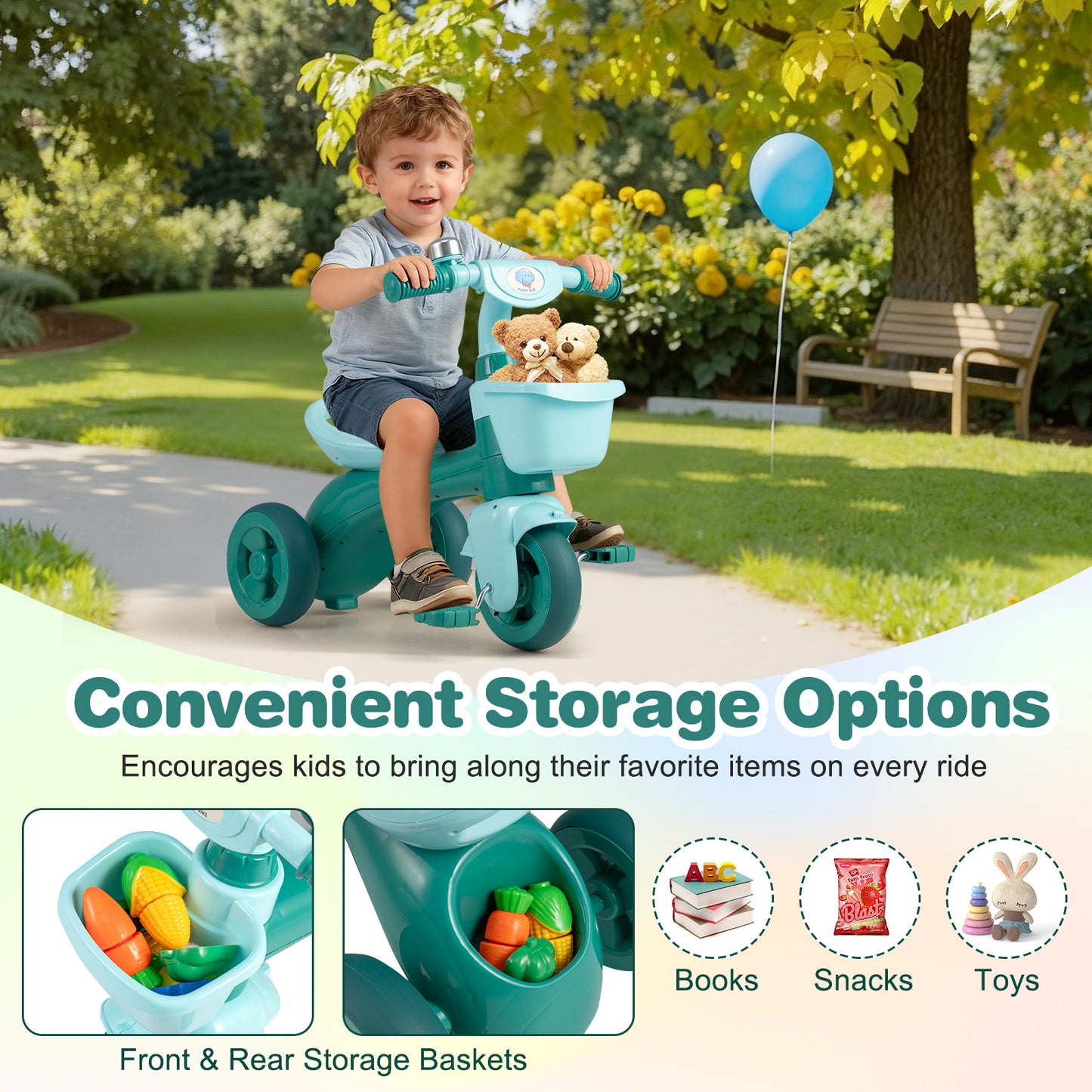 Toddler Tricycle with Limited Steering with Front Baskets and Bell-Green