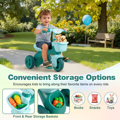Toddler Tricycle with Limited Steering with Front Baskets and Bell-Green