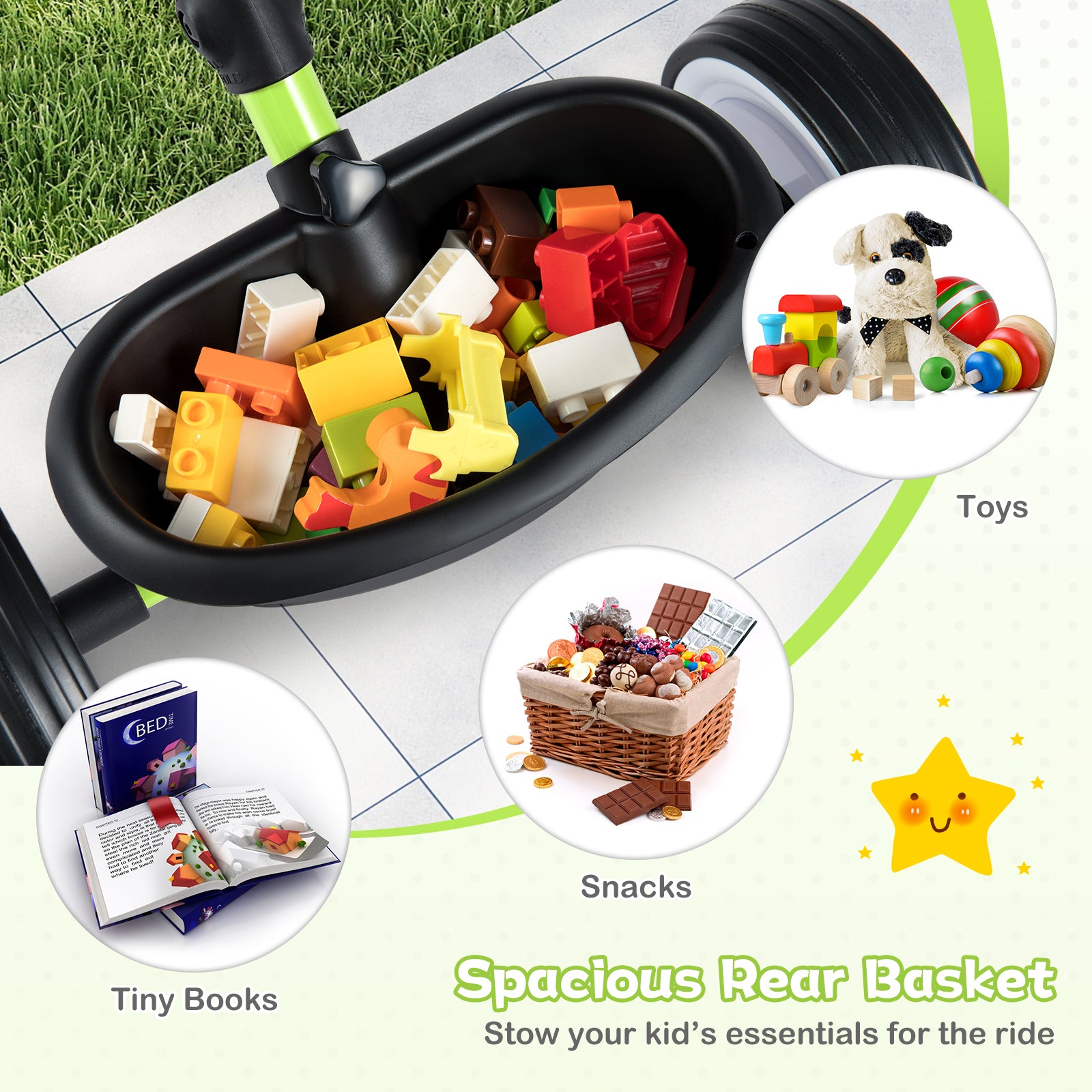 Toddler Tricycle with 3-Position Seat and Storage Basket for Kids-Green