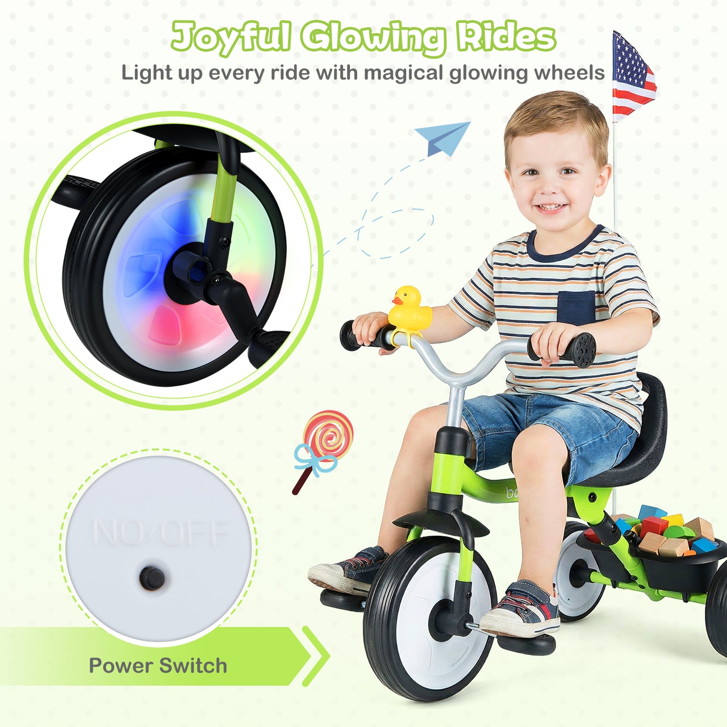 Toddler Tricycle with 3-Position Seat and Storage Basket for Kids-Green